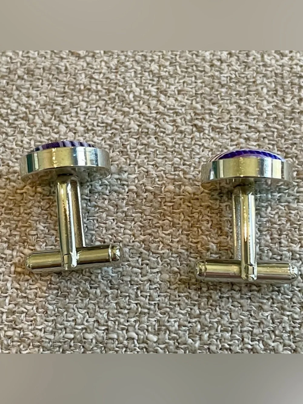 Silvertone Purple White Fabric Round Cuff Links Men’s Professional Wedding Work